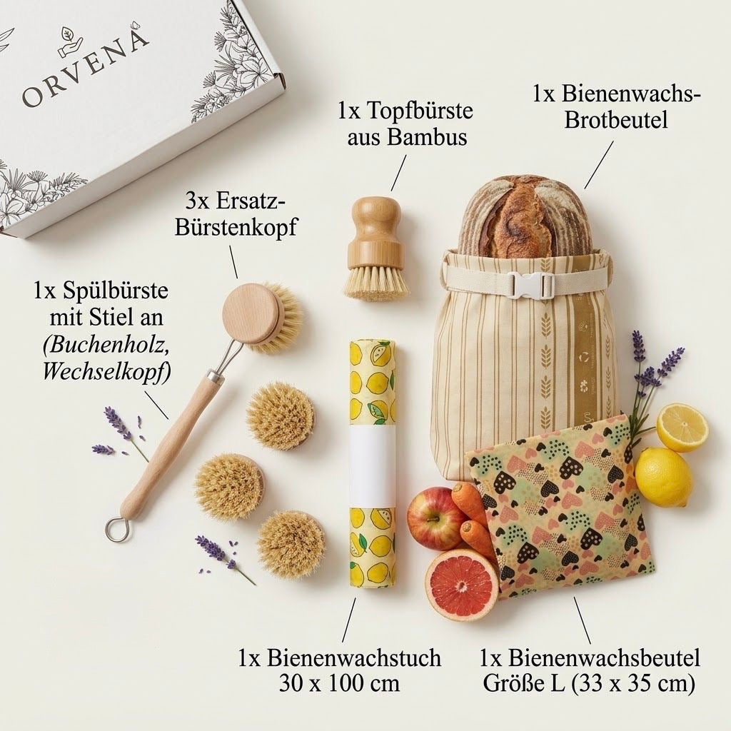 Inhalt Box L mit drei Ersatz-Bürstenköpfen und Bienenwachsbeutel L (KI-generiert)