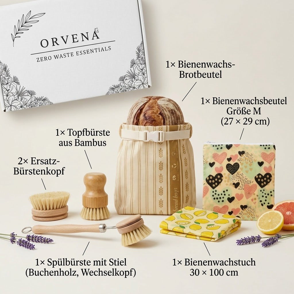 Inhalt Box M mit zwei Ersatz-Bürstenköpfen und Bienenwachsbeutel M (KI-generiert)