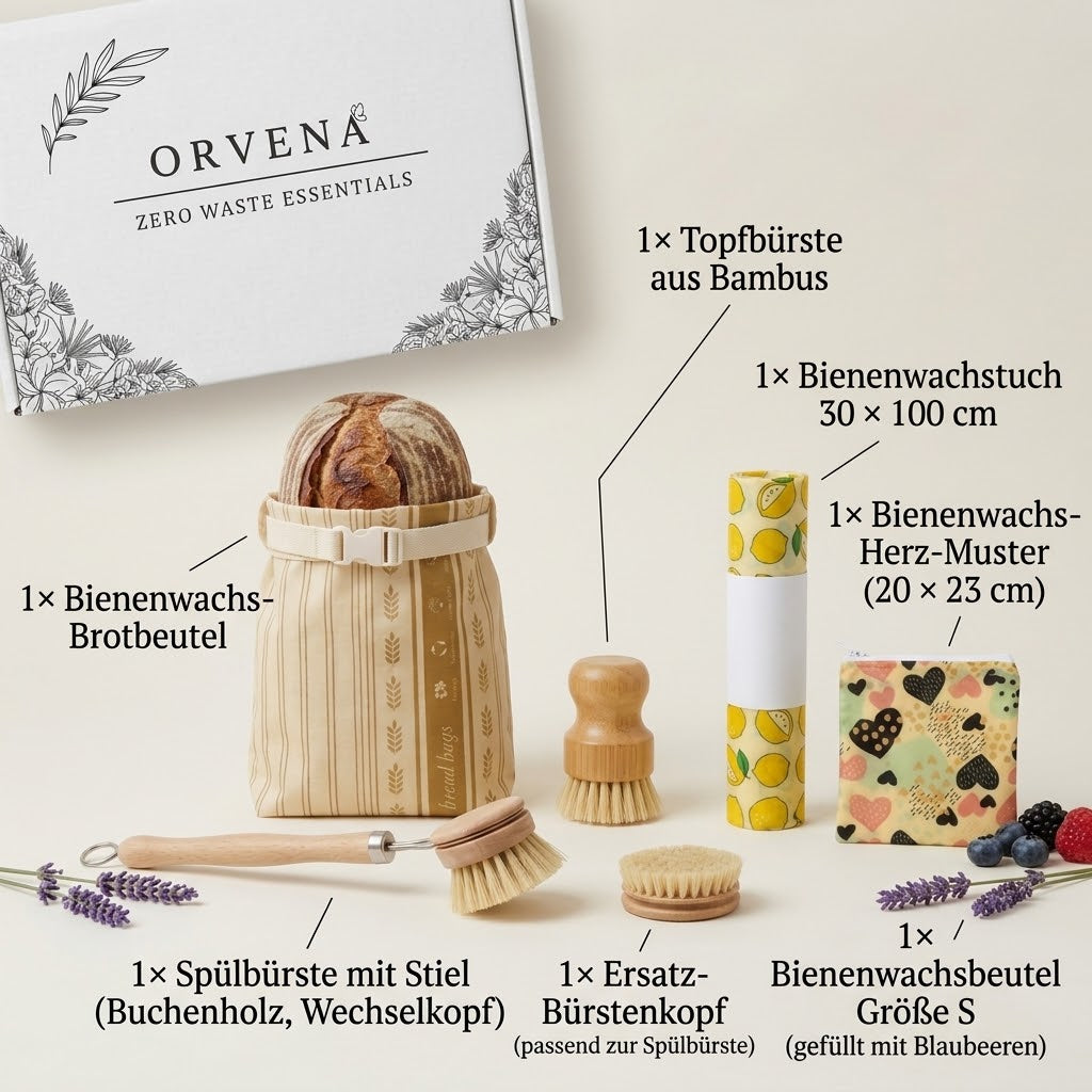Inhalt Box S: Spülbürste, Ersatzkopf, Topfbürste, Brotbeutel, Bienenwachstuch und Beutel S (KI-generiert)