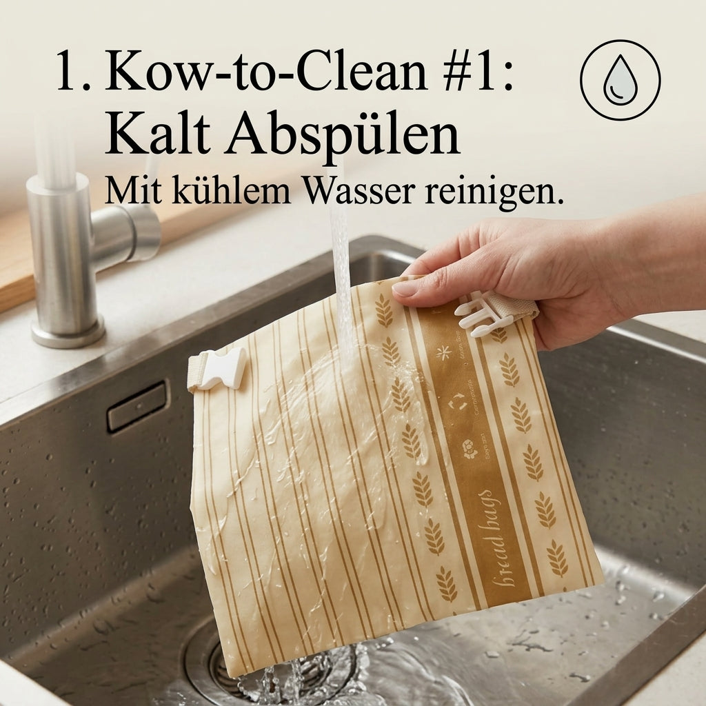 Brotbeutel wird mit kaltem Wasser von Hand abgespült (KI-generiert)