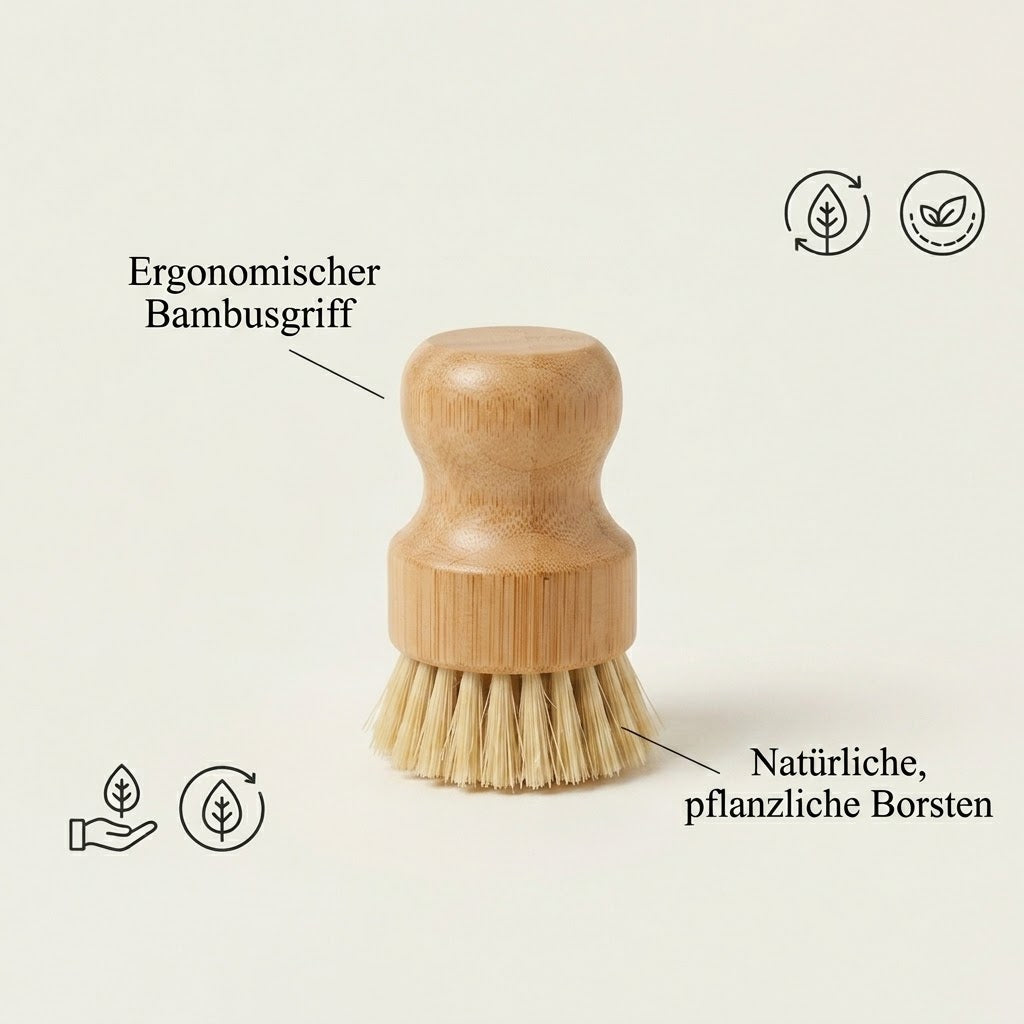 Topfbürste aus Bambus mit Materialangaben (KI-generiert)