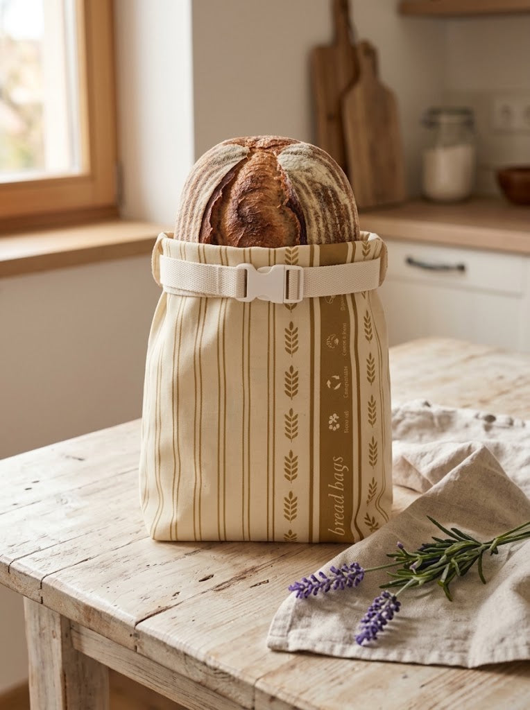 Bienenwachs-Brotbeutel aus Baumwolle mit goldenem Ährenmuster (KI-generiert)