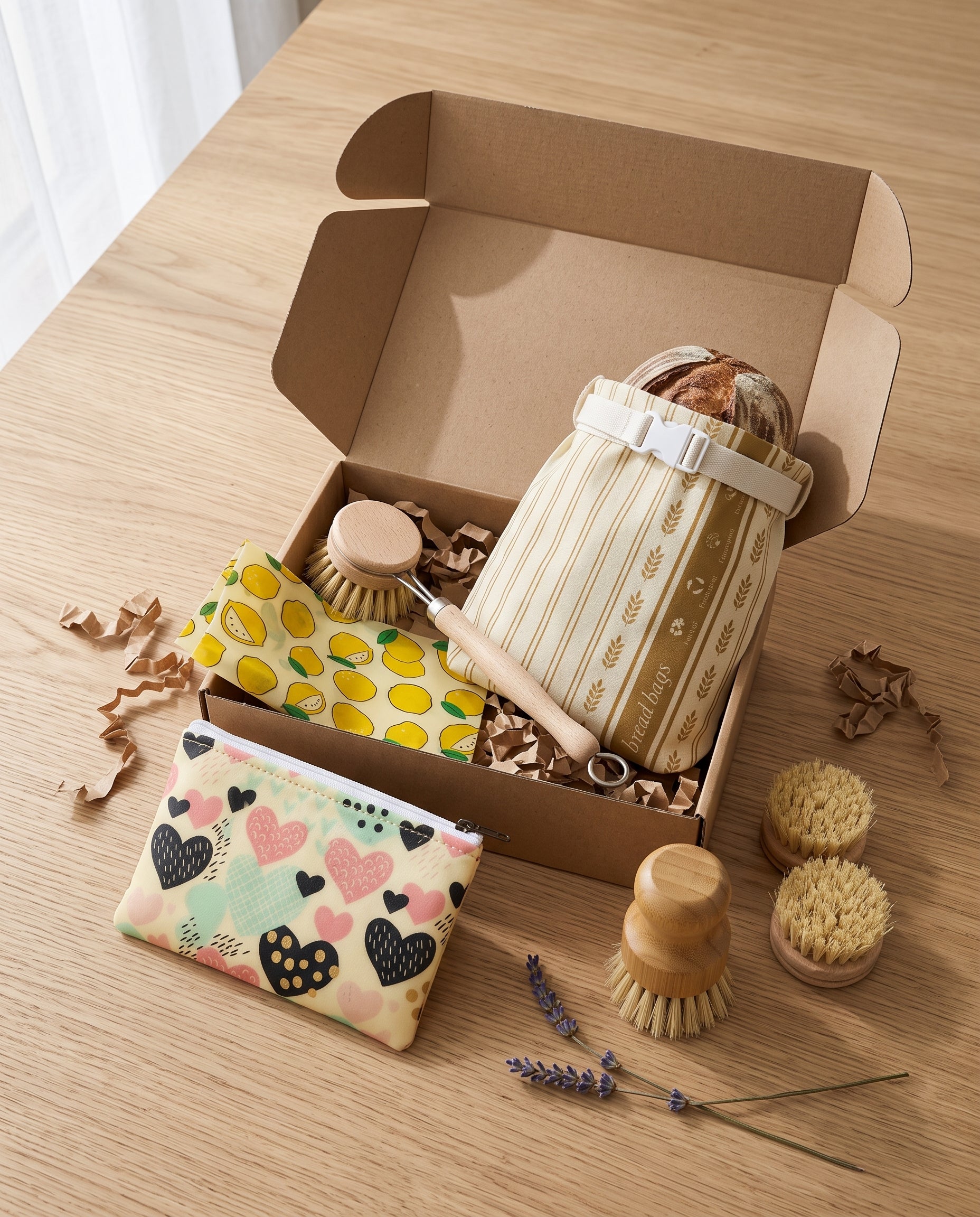 Die Orvena Küchen-Box mit Holzbürsten, Brotbeutel, Bienenwachstuch und Bienenwachsbeutel in einer Alltagsküche (KI-generiert)