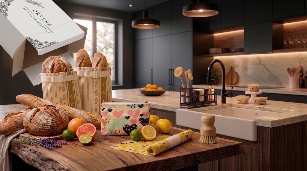 Küche mit Brotbeutel, Holzbürsten und Bienenwachstuch von Orvena (KI-generiert)